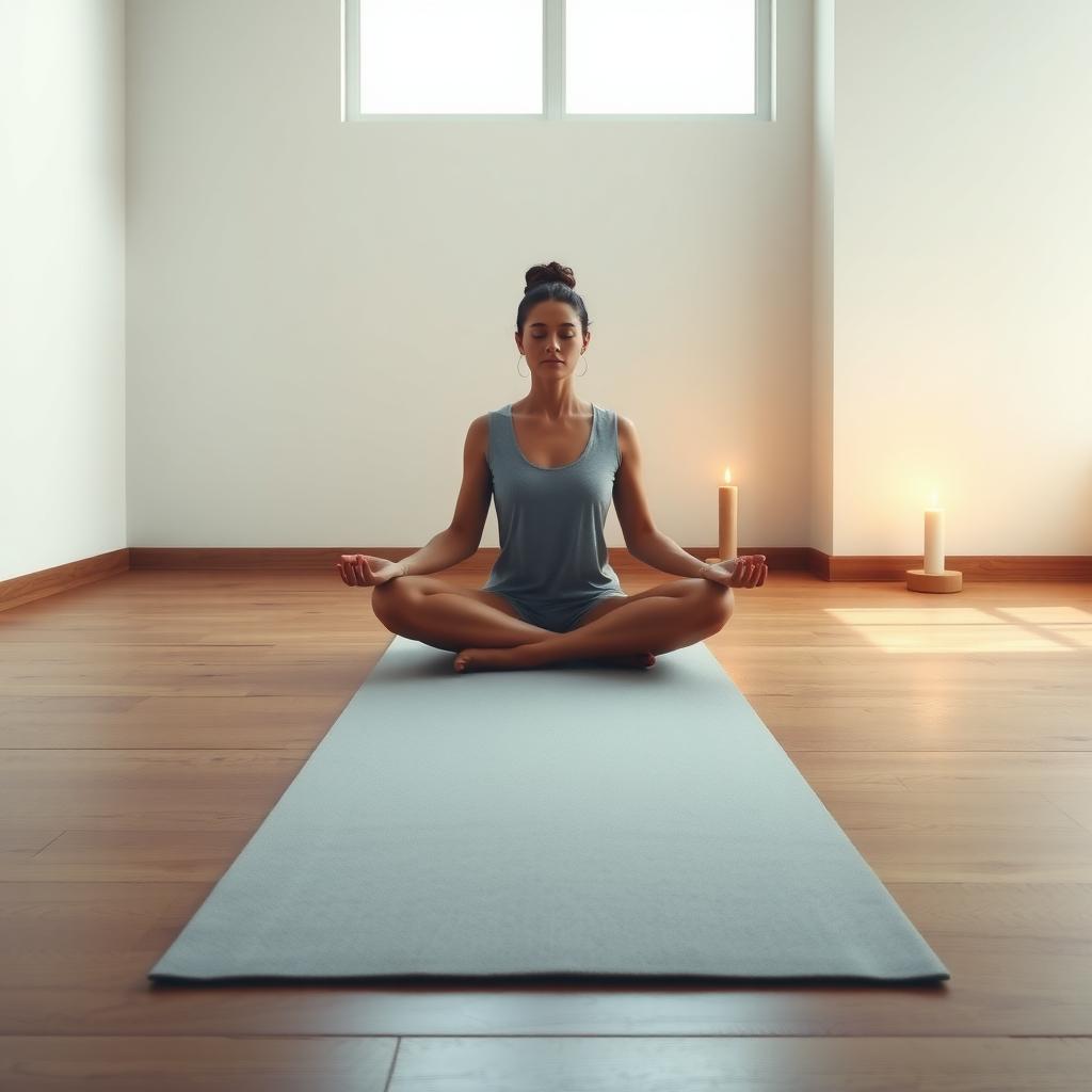 Eine Person meditiert auf einer Yogamatte in einem minimalistischen Raum mit einer Kerze, die warmes Licht verbreitet.