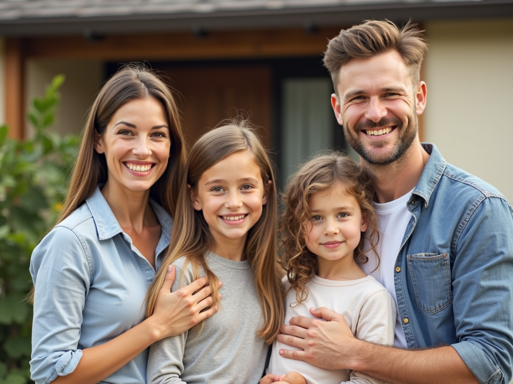 Glückliche Familie vor ihrem aufgeräumten Zuhause.