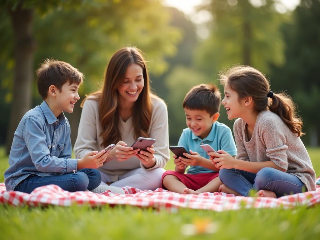 Eine Familie genießt ein Picknick im Park, lacht und unterhält sich, ohne Handys oder Tablets, was die Freude an Offline-Verbindungen zeigt.
