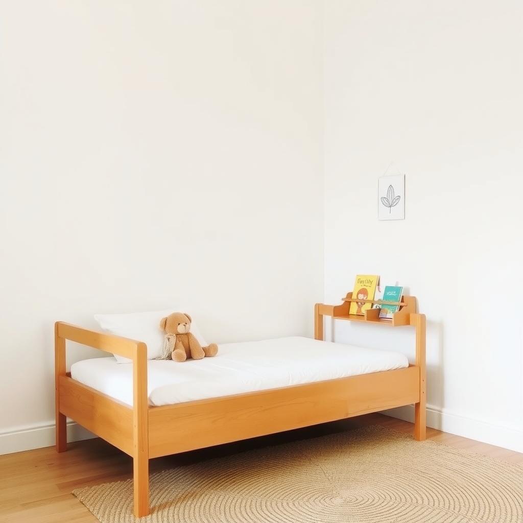 Ein minimalistisches Kinderzimmer mit einem einfachen Holzbett, einem Stofftier auf dem Kissen und einem kleinen Regal mit bunten Büchern. Der Raum ist in sanftem Weiß gestrichen, mit einem Kunstwerk an der Wand und einem gewebten Teppich.