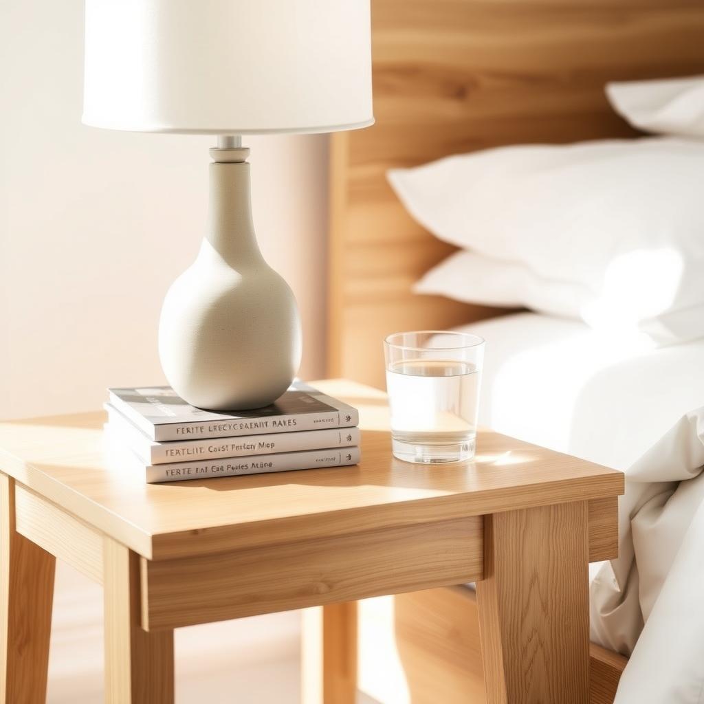 Ein minimalistischer Nachttisch aus hellem Eichenholz mit einer Keramiklampe, zwei Büchern und einem Glas Wasser.