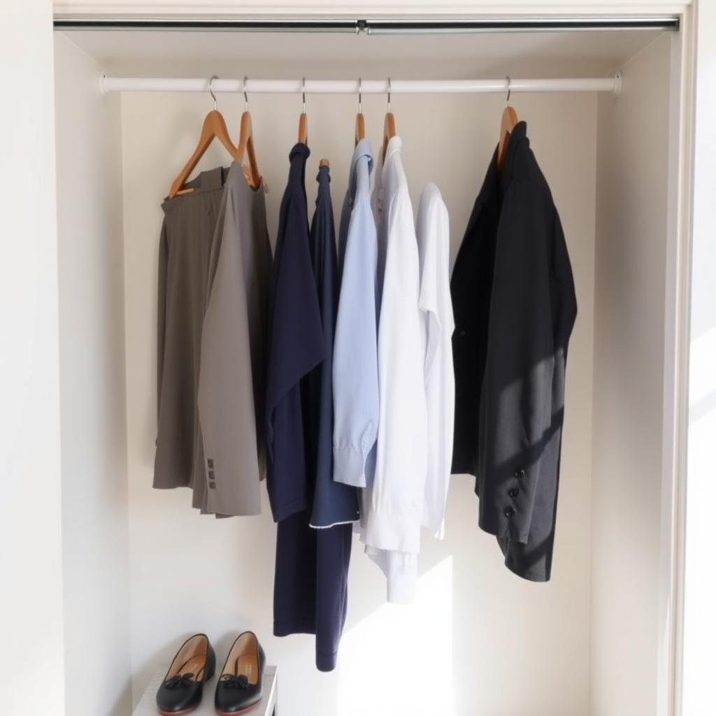Ein ordentlicher Kleiderschrank mit wenigen Kleidungsstücken, die auf Holzbügeln hängen, und einer Schuhbox auf einem Regal.