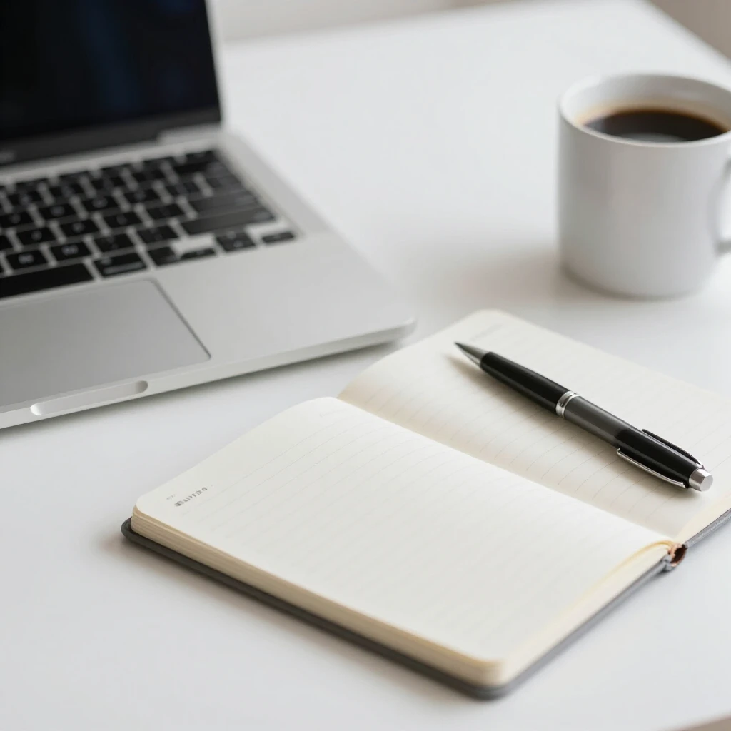Ein aufgeräumter Schreibtisch mit nur Laptop, Notizbuch, Stift und Kaffeetasse, in weichem natürlichem Licht – Symbol für Fokus und Minimalismus
