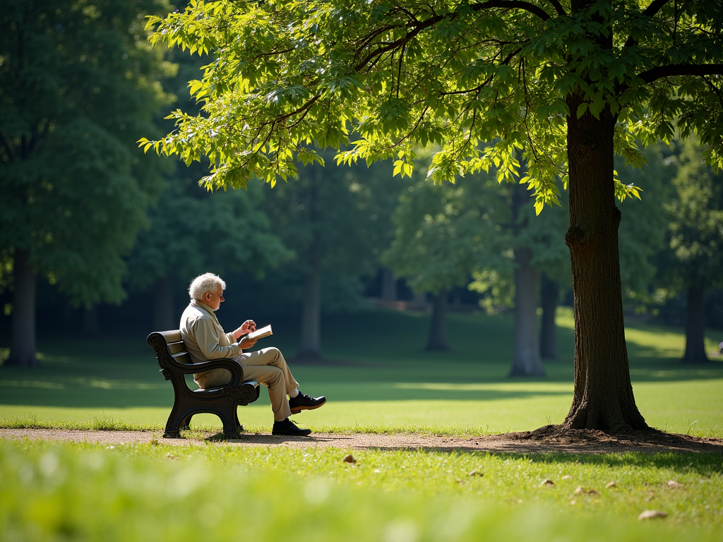 Eine ruhige Parkszenen mit einer Person, die auf einer Bank sitzt, ein Buch liest und von Bäumen und freiem Raum umgeben ist.