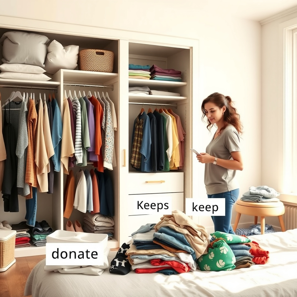 Person beim Ausmisten eines Kleiderschranks mit Stapeln für Spenden und Recycling