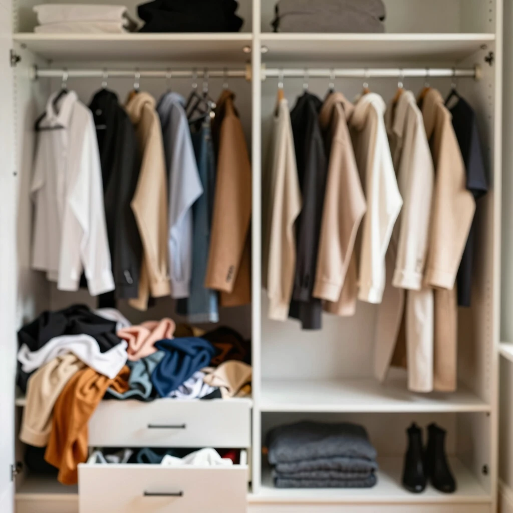 Vergleich: Chaotischer Kleiderschrank links, minimalistischer rechts
