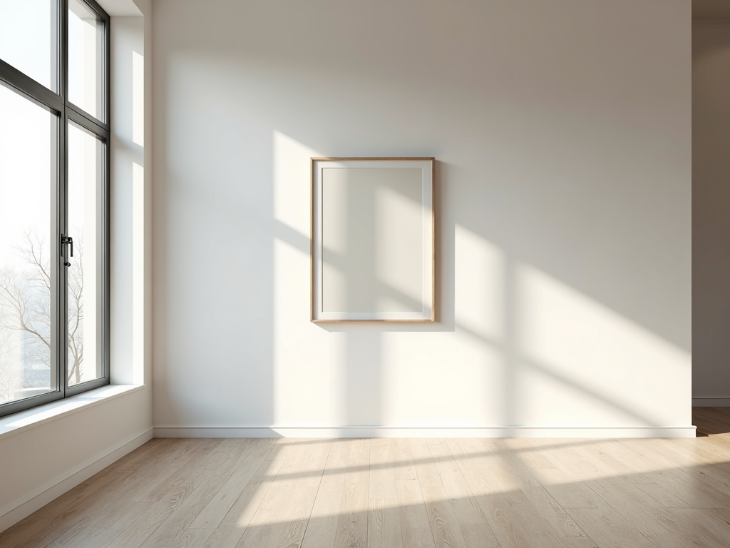 Minimalistisches Wohnzimmer mit einem einzelnen Kunstwerk an der Wand