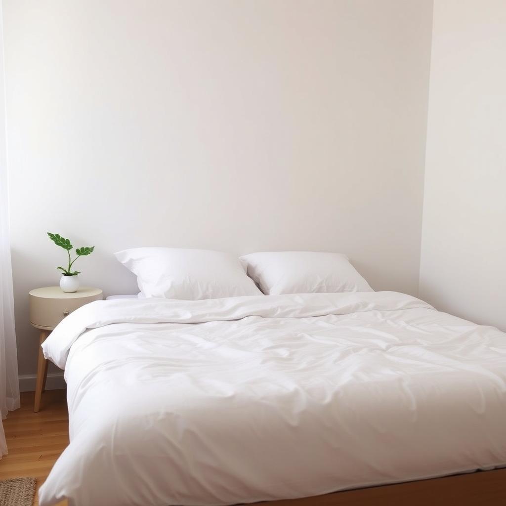Minimalistisches Schlafzimmer mit schlichtem Bett und Pflanze.