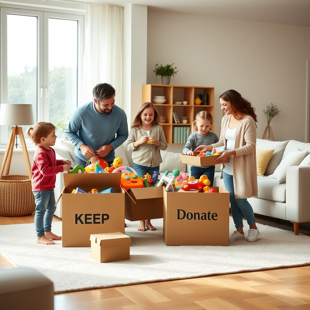 Familie sortiert Spielzeug lachend in einem hellen Wohnzimmer.