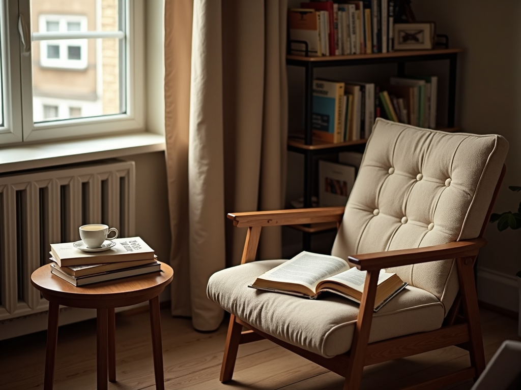 Ein gemütlicher Leseplatz mit einem bequemen Stuhl, einem Stapel Bücher und einer Tasse Tee.