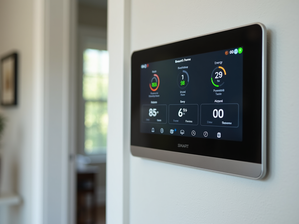 Innenansicht eines Smart-Home-Bedienfelds mit Energieverbrauchsstatistiken und Automatisierungseinstellungen