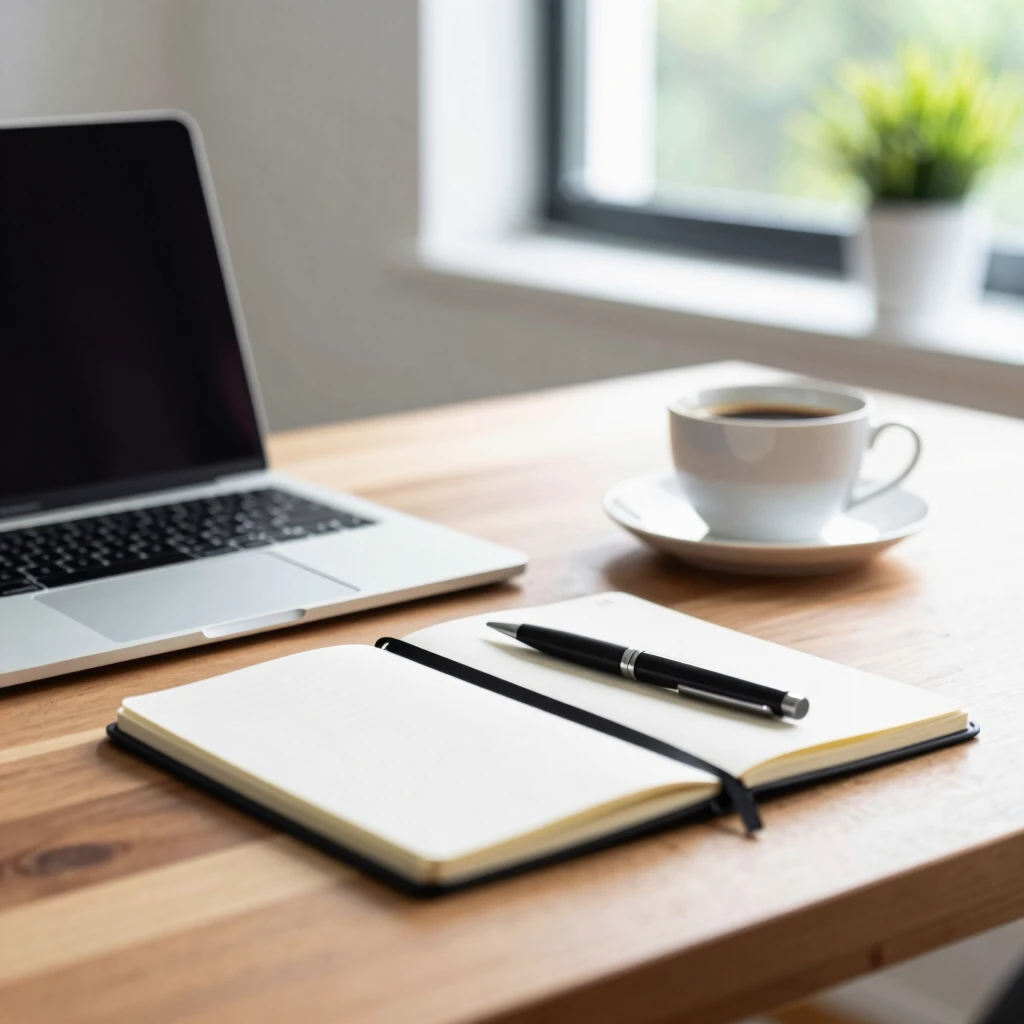 Ein minimalistischer Schreibtisch mit Laptop und Notizbuch.