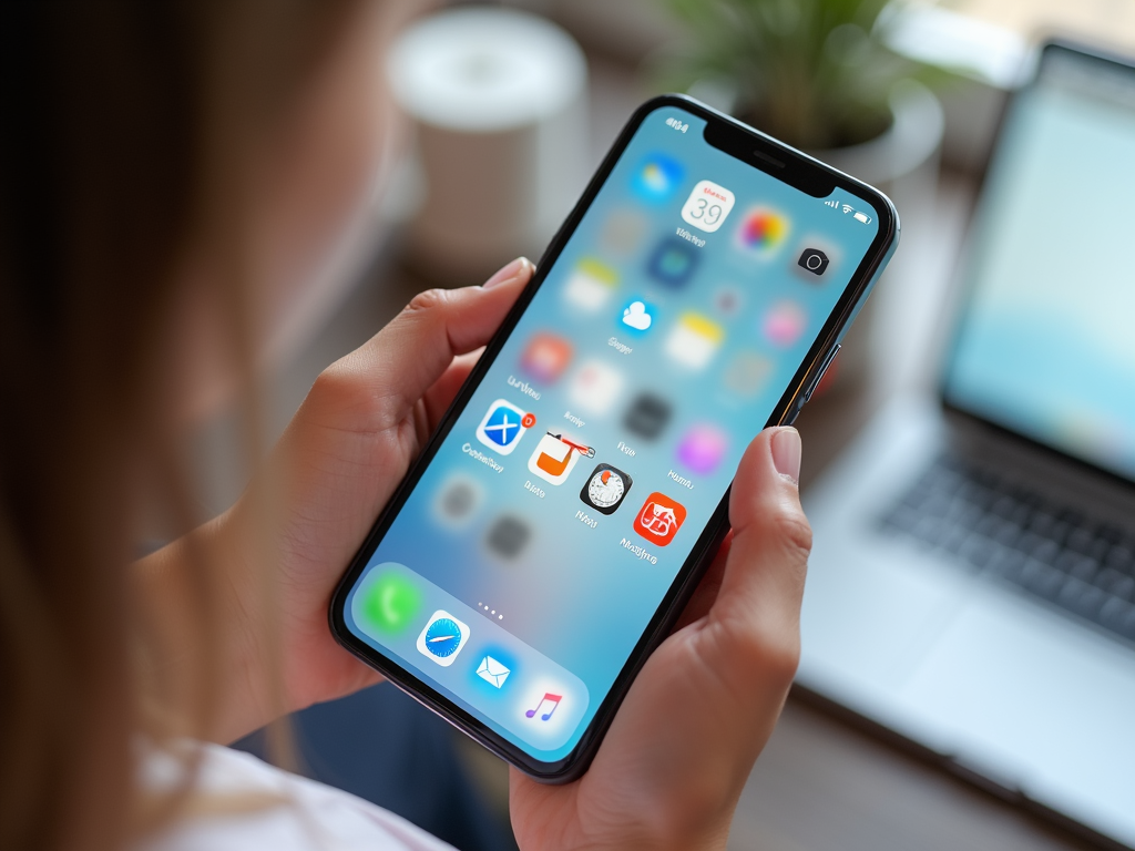 Eine Hand hält ein Smartphone mit einem sauberen, organisierten Startbildschirm.