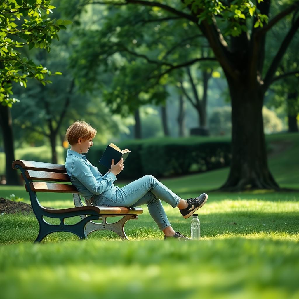 Ruhige Parkszene mit einer Person, die auf einer Bank ein Buch liest, neben einer wiederverwendbaren Wasserflasche, umgeben von grünem Gras und Bäumen.