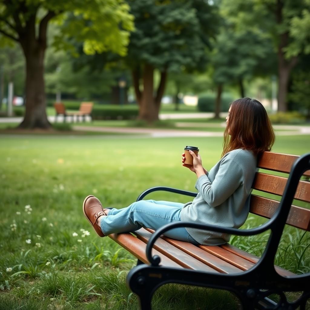 Eine Person sitzt auf einer Holzbank im Park mit einer wiederverwendbaren Kaffeetasse.