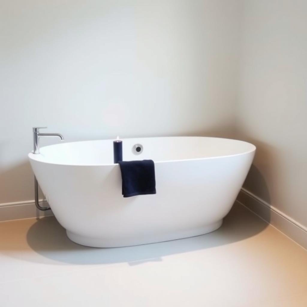 Ein minimalistisches Badezimmer mit grauem Boden, weißer Badewanne und einer dunkelblauen Kerze.