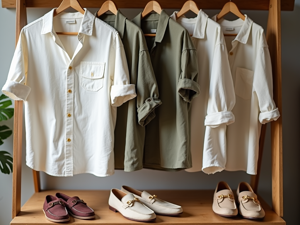 Ausstellung nachhaltiger Kleidung, darunter ein Leinenshirt und Lederschuhe aus recycelten Materialien, auf einem Holzgestell.