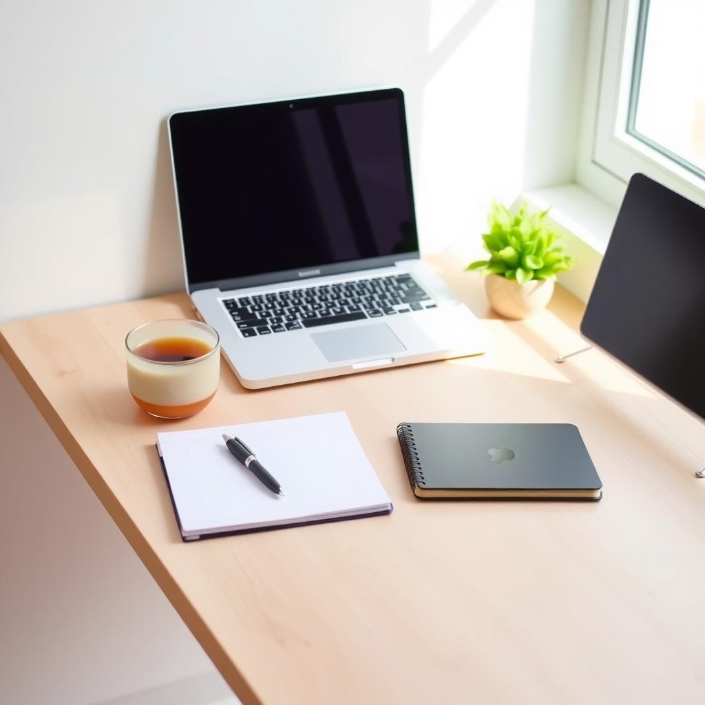 Ein ordentlicher Schreibtisch mit einem Laptop, einem Notizbuch und einer Teetasse, umgeben von hellem Holz und einer kleinen grünen Pflanze.