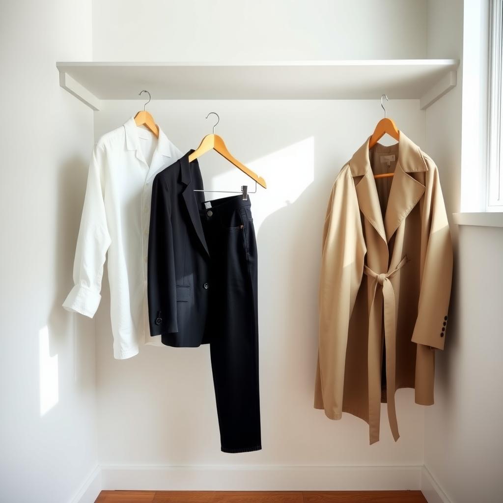 Ein minimalistischer Kleiderschrank mit wenigen hochwertigen Kleidungsstücken in neutralen Farben, ordentlich auf Holzbügeln arrangiert.