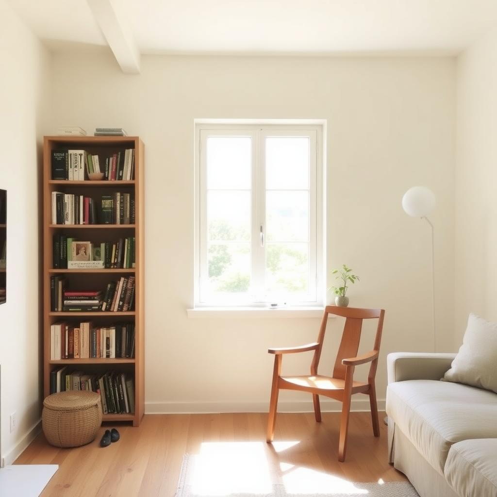 Gemütliches minimalistisches Wohnzimmer mit einem kleinen Bücherregal, einem Holzstuhl und einer Pflanze.