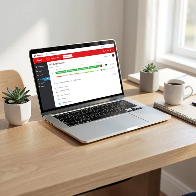 Moderner minimalistischer Schreibtisch mit Laptop bei der Keyword-Recherche