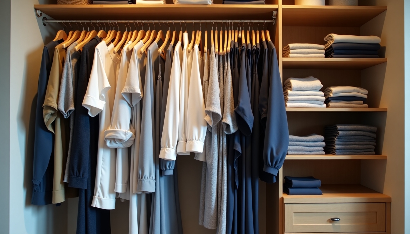 Ein organisierter Kleiderschrank mit ordentlich aufgehängter und gefalteter Kleidung.