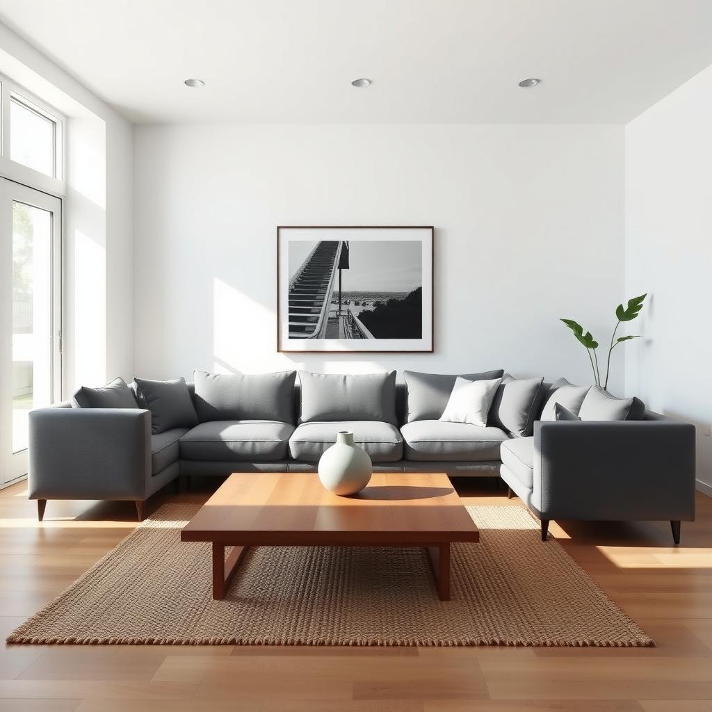 Ein minimalistisches Wohnzimmer mit einem grauen Sofa, einem Holztisch mit einer Keramikvase, großen Fenstern und einer schwarz-weißen Fotografie an der weißen Wand.