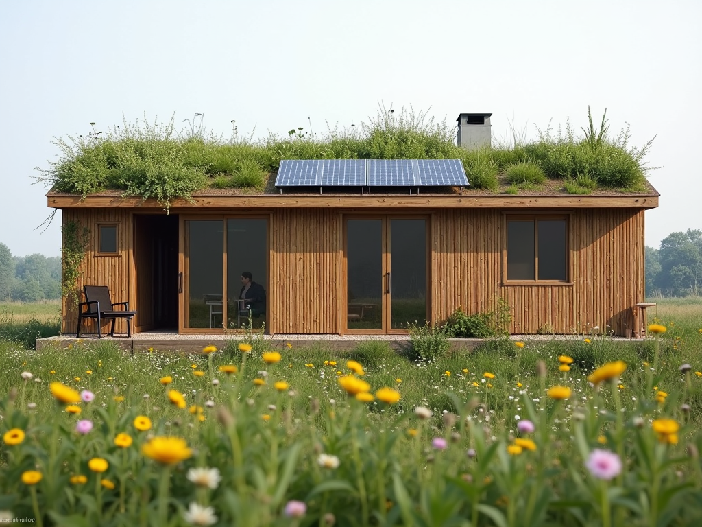 Ein minimalistisches Haus mit grünem Dach, gebaut aus reclaimed Wood und Bambus, mit Solarpanelen und umgeben von einer Wildblumenwiese.