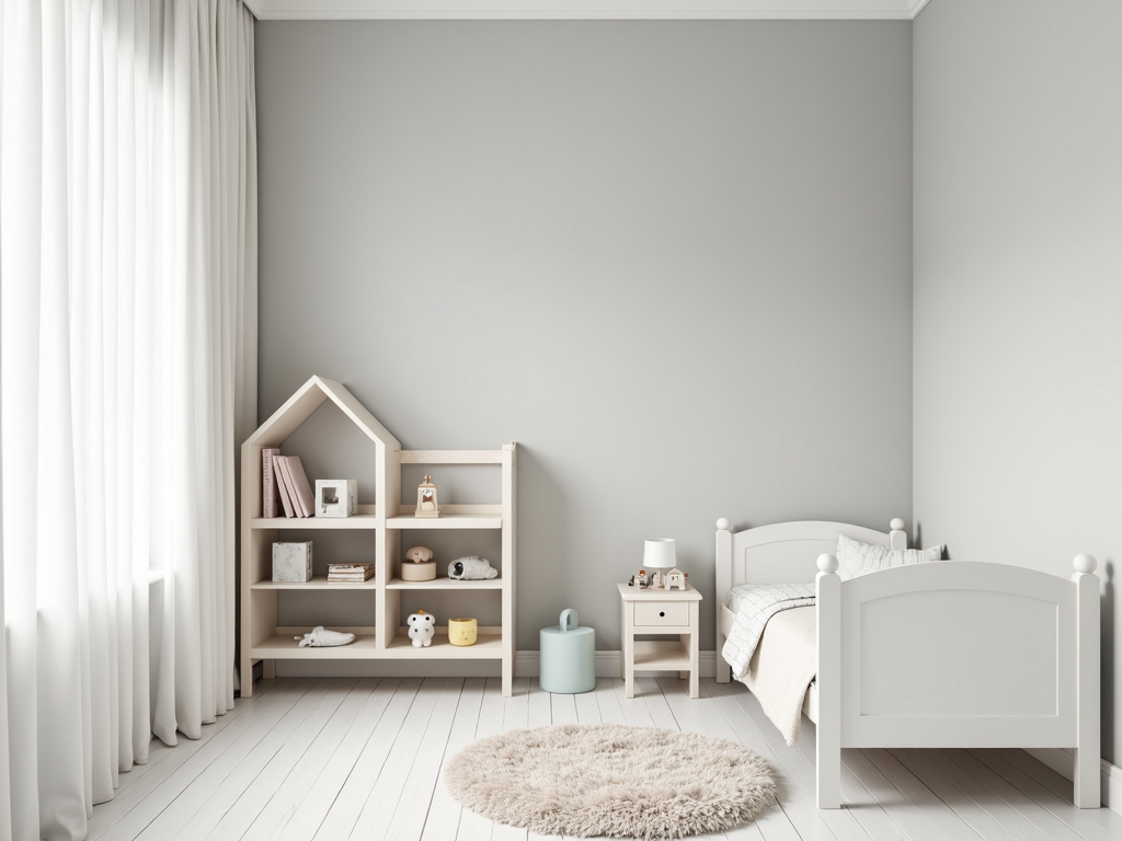 Minimalistisches Kinderzimmer mit schlichtem Bett und Spielbereich
