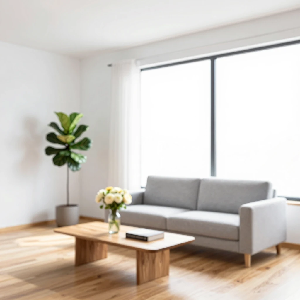 Ruhiges minimalistisches Wohnzimmer mit natürlichem Licht und wenigen Möbeln
