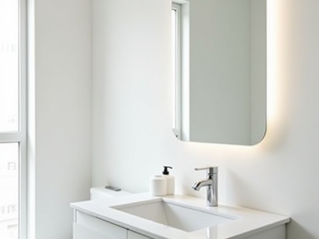 Ein minimalistisches Badezimmer mit einer sauberen, weißen Ästhetik, einem schlichten Waschtisch, einem rahmenlosen Spiegel und minimalen Toilettenartikeln.