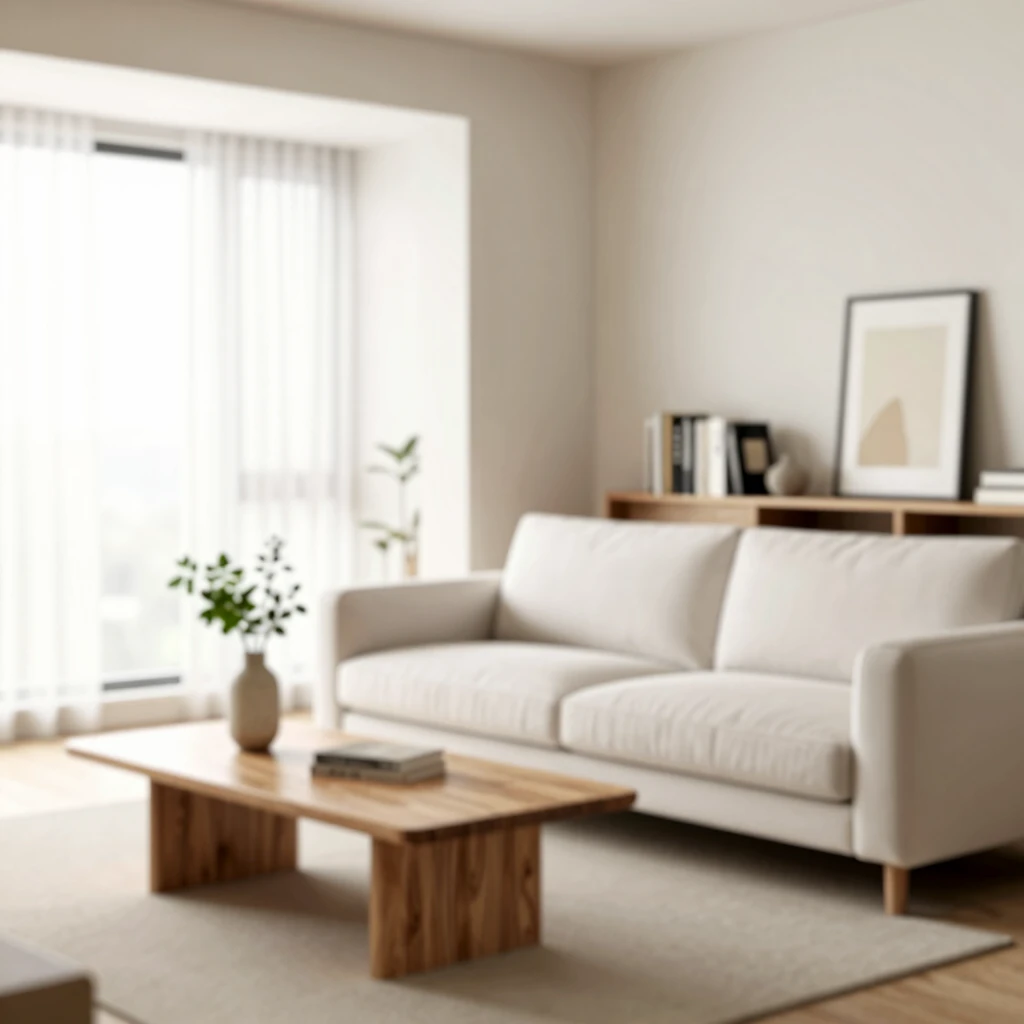 Ein minimalistisches Wohnzimmer mit natürlichem Licht und wenigen, sorgfältig platzierten Möbeln