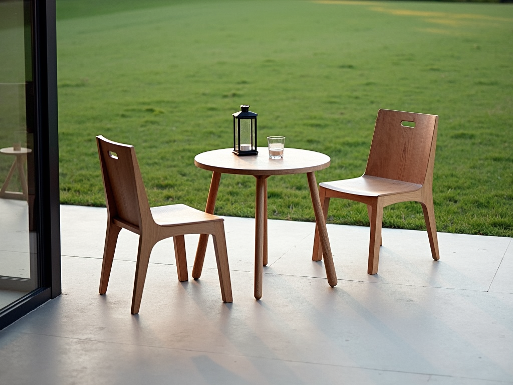 Minimalistische Terrasse mit einem Holztisch und zwei Stühlen