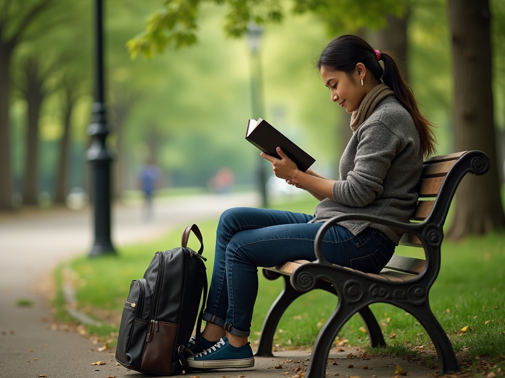Person liest ein Buch auf einer Parkbank mit einfachem Rucksack