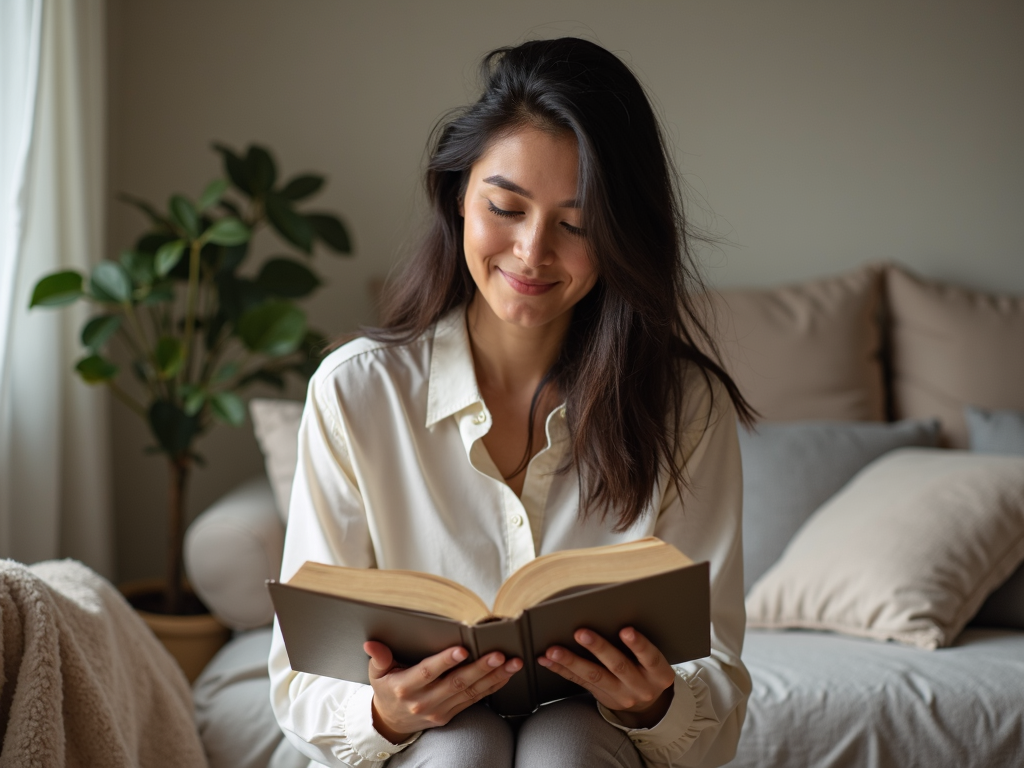 Eine Person, die in einem aufgeräumten Raum sitzt, ein Buch liest und einen friedlichen Gesichtsausdruck hat, umgeben von minimalistischer Dekoration.
