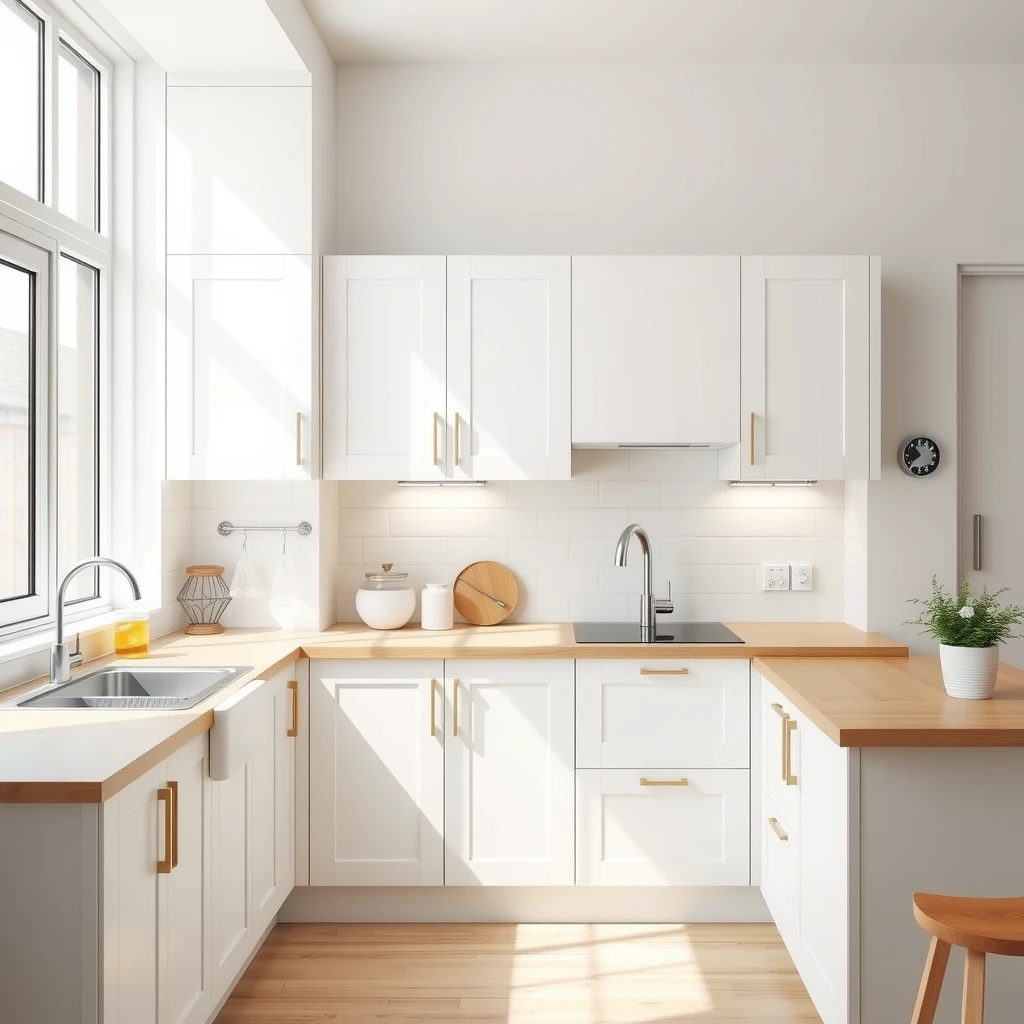 Saubere minimalistische Küche mit weißen Schränken, Holz-Arbeitsplatten und wenigen sichtbaren Utensilien