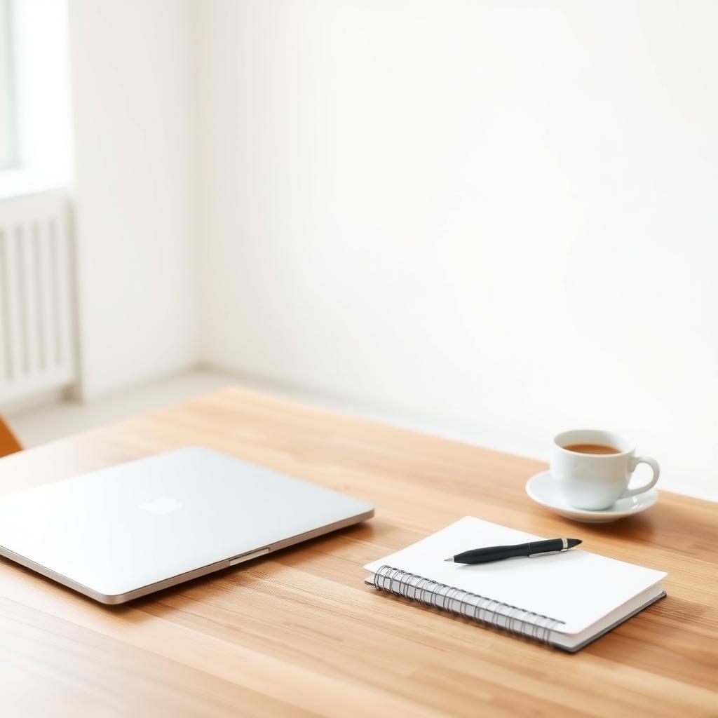 Ein minimalistischer Schreibtisch mit einem Laptop, einem Notizbuch und einer Kaffeetasse auf einer sauberen Holzoberfläche, beleuchtet von weichem Tageslicht.