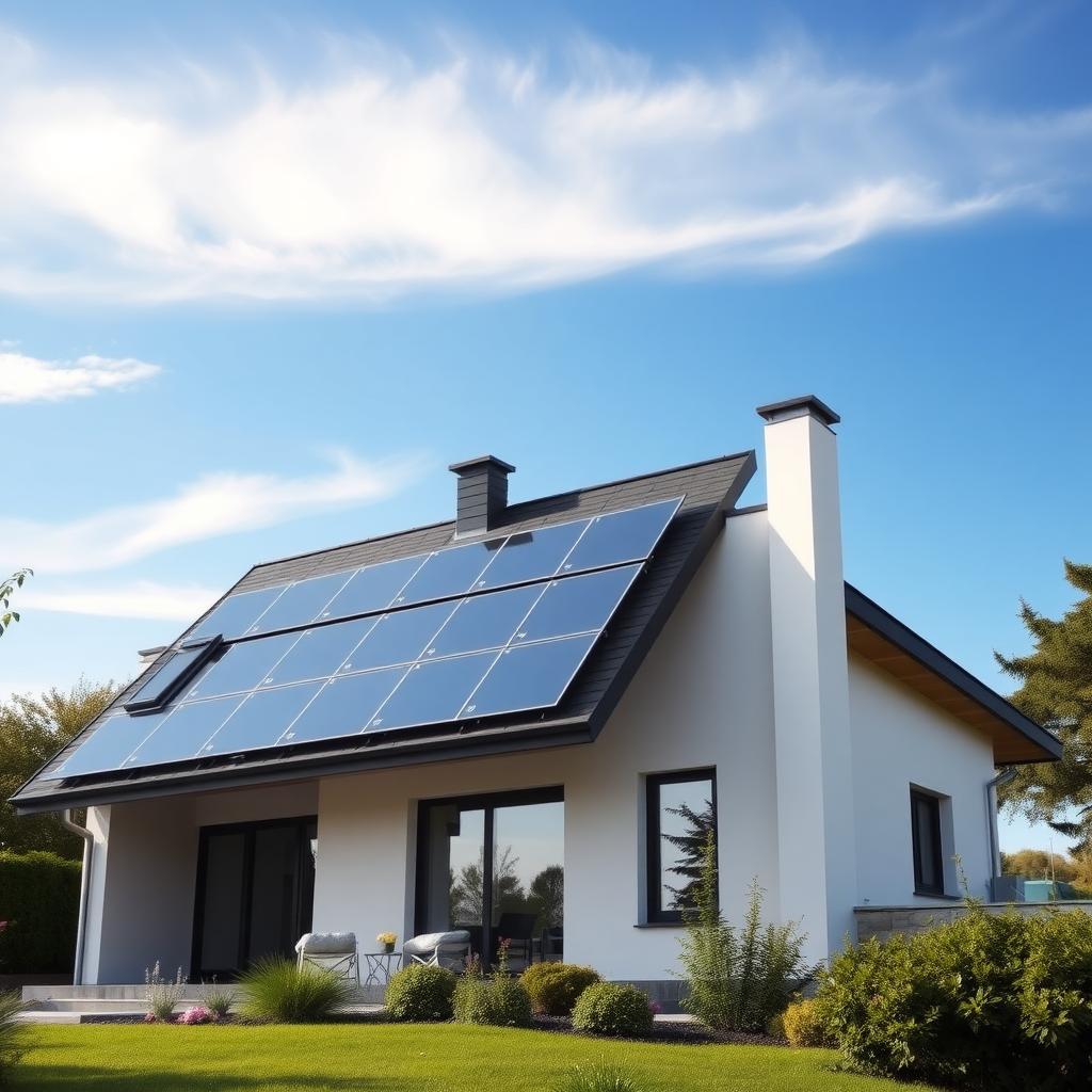 Ein Haus mit Solarpanelen auf dem Dach, ein Beispiel für nachhaltige Energie.