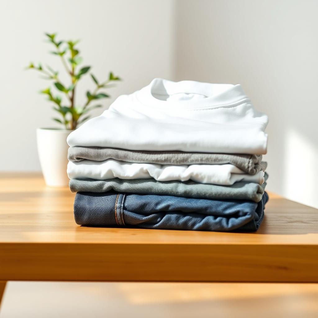 Ein ordentlich gefalteter Stapel minimalistischer Kleidung, bestehend aus einem weißen T-Shirt, einem grauen Pullover und einer dunklen Jeans, auf einem Holztisch.