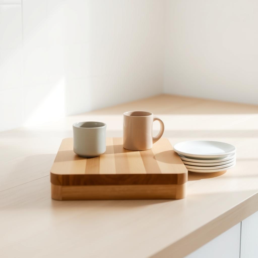 Eine minimalistische Küchenarbeitsplatte mit einem Schneidebrett, einer Tasse und wenigen Tellern vor einer weißen Rückwand.