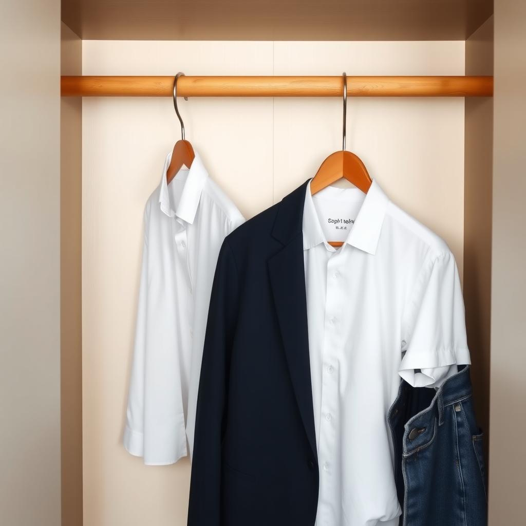 Ein ordentlich organisierter, minimalistischer Kleiderschrank mit wenigen hochwertigen Kleidungsstücken an Holzbügeln.