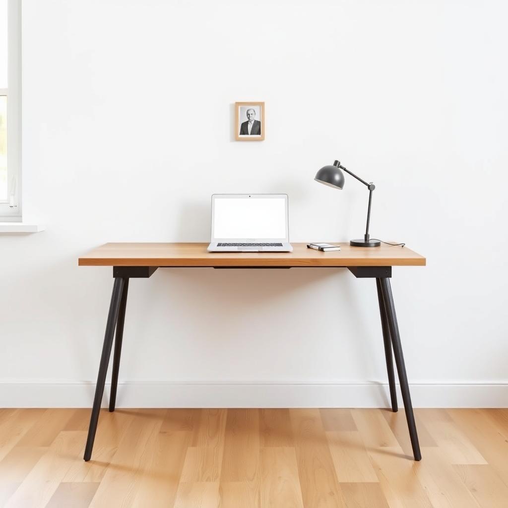 Ein minimalistischer Schreibtisch mit Laptop, Notizbuch und Stift vor einer weißen Wand mit einem kleinen Bilderrahmen.