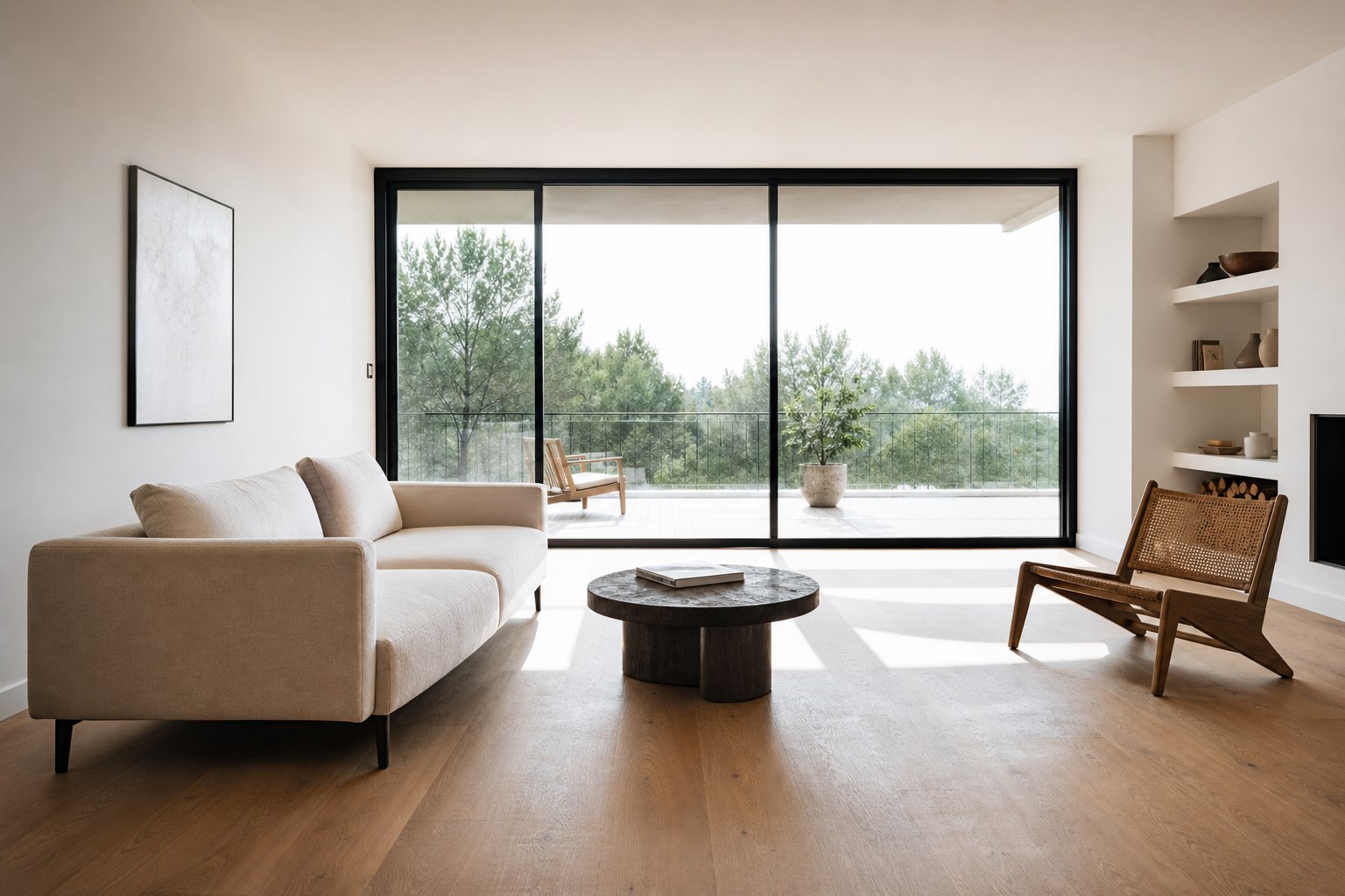 Minimalistisches Wohnzimmer mit wenigen Möbeln und viel Licht