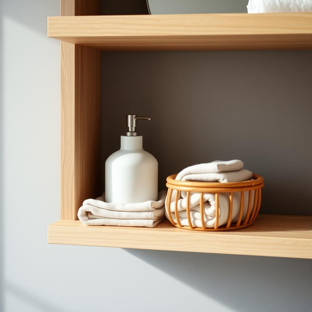 Minimalistische Badezimmerablage mit Seifenspender und Handtuch