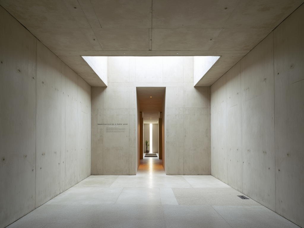 Ruhige Innenaufnahme der Kirche des Lichts von Tadao Ando, mit einer schlichten Betonwand und einem kreuzförmigen Lichtschlitz.