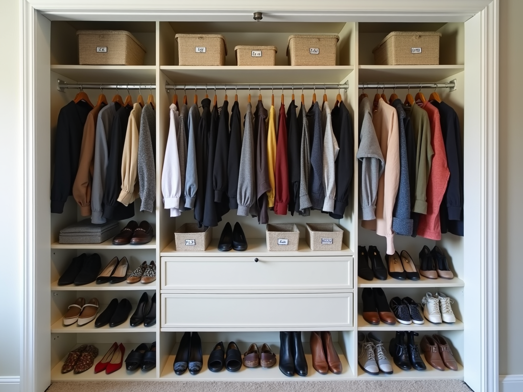 Ein ordentlicher Kleiderschrank mit sortierter Kleidung und Schuhen.