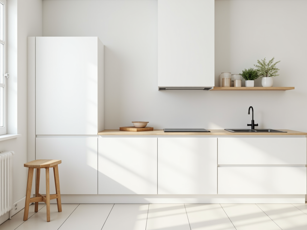 Eine minimalistische Küche mit weißen Schränken und einem Holztisch.