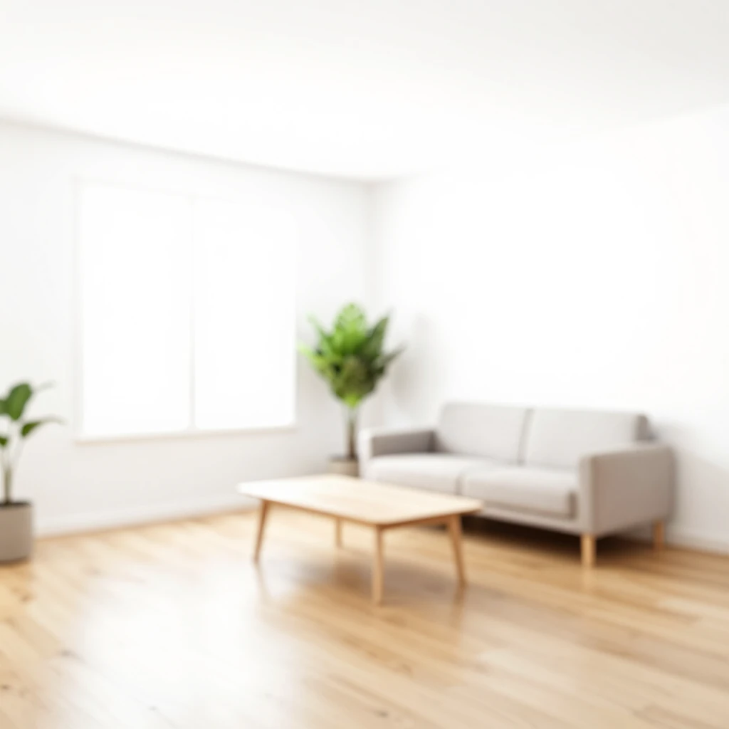 Minimalistisches Wohnzimmer mit weißen Wänden, Holzboden, einfachen Möbeln und Pflanzen