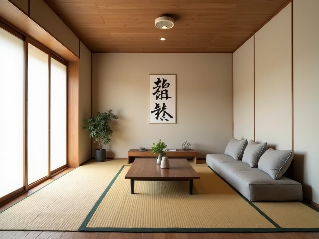 Minimalistisches japanisches Wohnzimmer mit Shoji-Schirmen