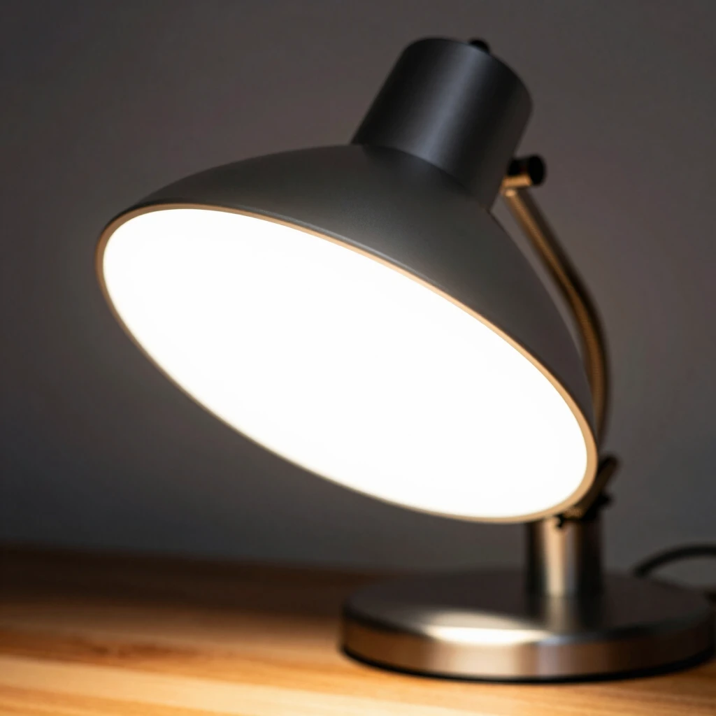 Nahaufnahme einer hochwertigen Tageslicht-Schreibtischlampe mit verstellbarem Arm